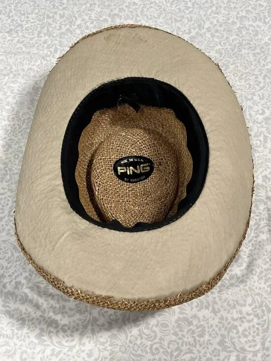 PING Golf Straw Hat USA Made L Embroidered Band Vintage Sun Fedora Mesh Karsten - Picture 7 of 10